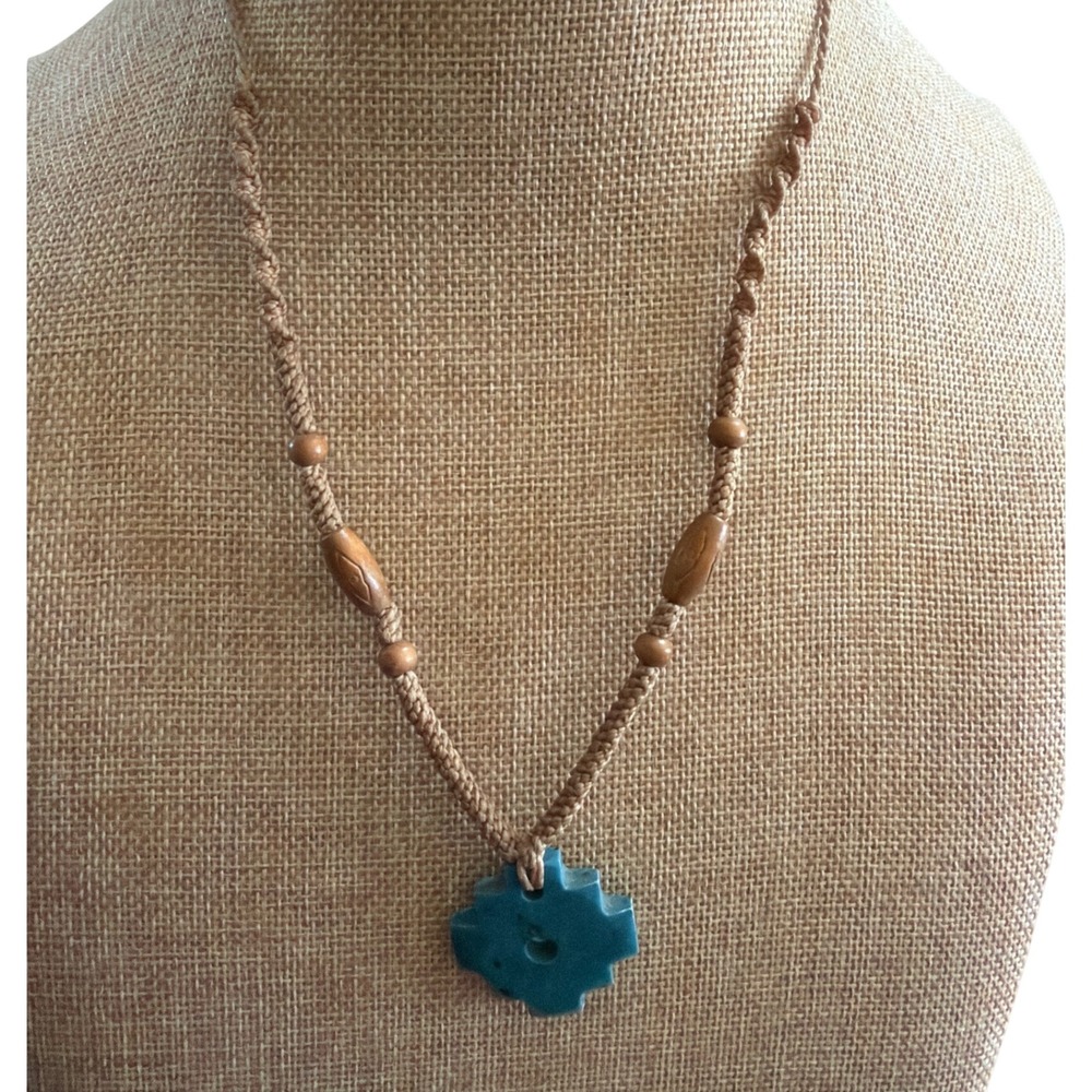 Handcrafted Macrame Cord Necklace Teal Stone Inca Cross Pendant Wood Beads